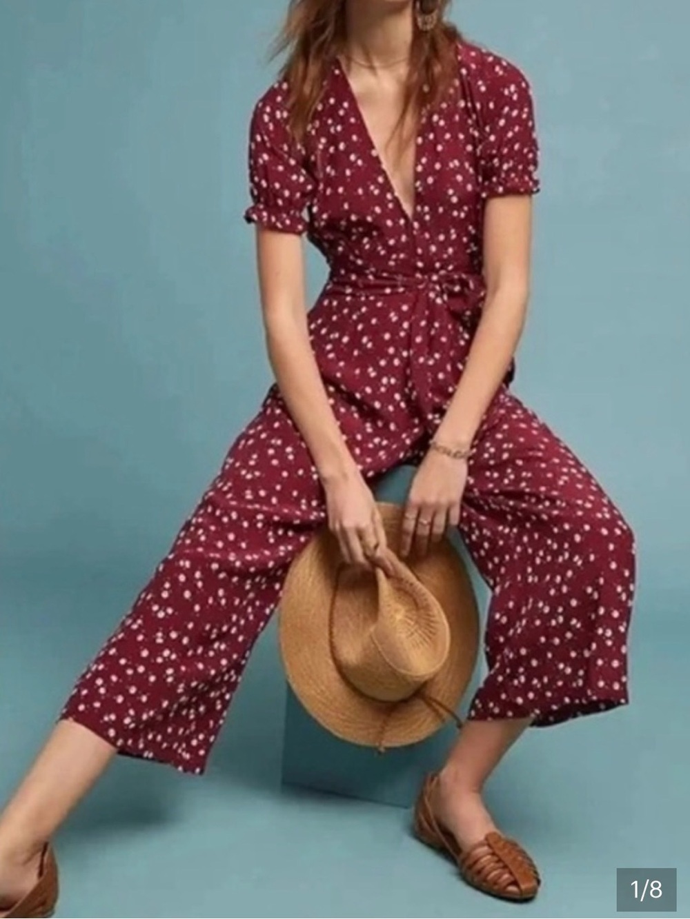 Faithfull the Brand Burgundy Floral Deep-V Wide Leg Jumpsuit